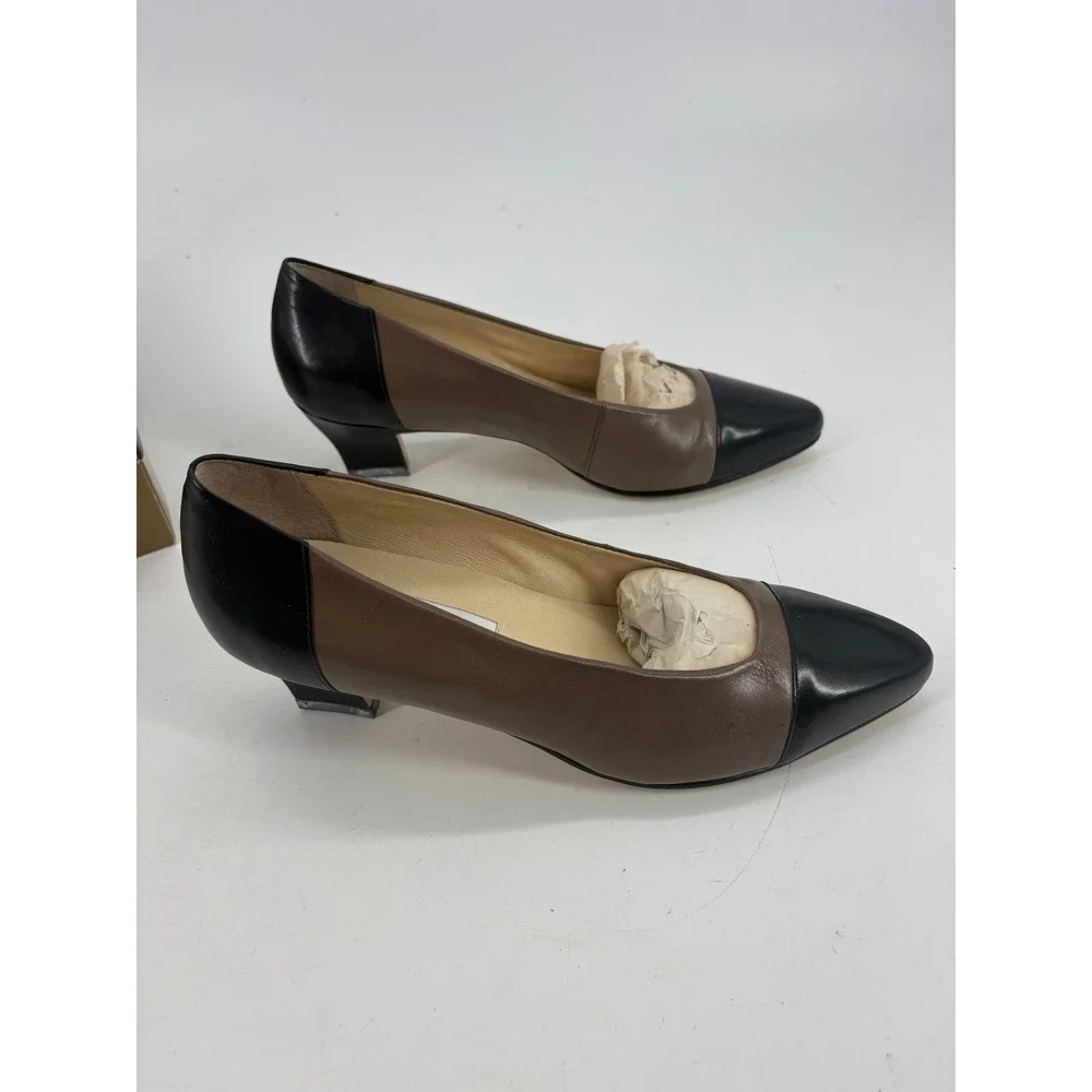 Calico Soft Fit Pumps 8.5 M Tribute Brown Black Leather Cap Toe Kitten Heel